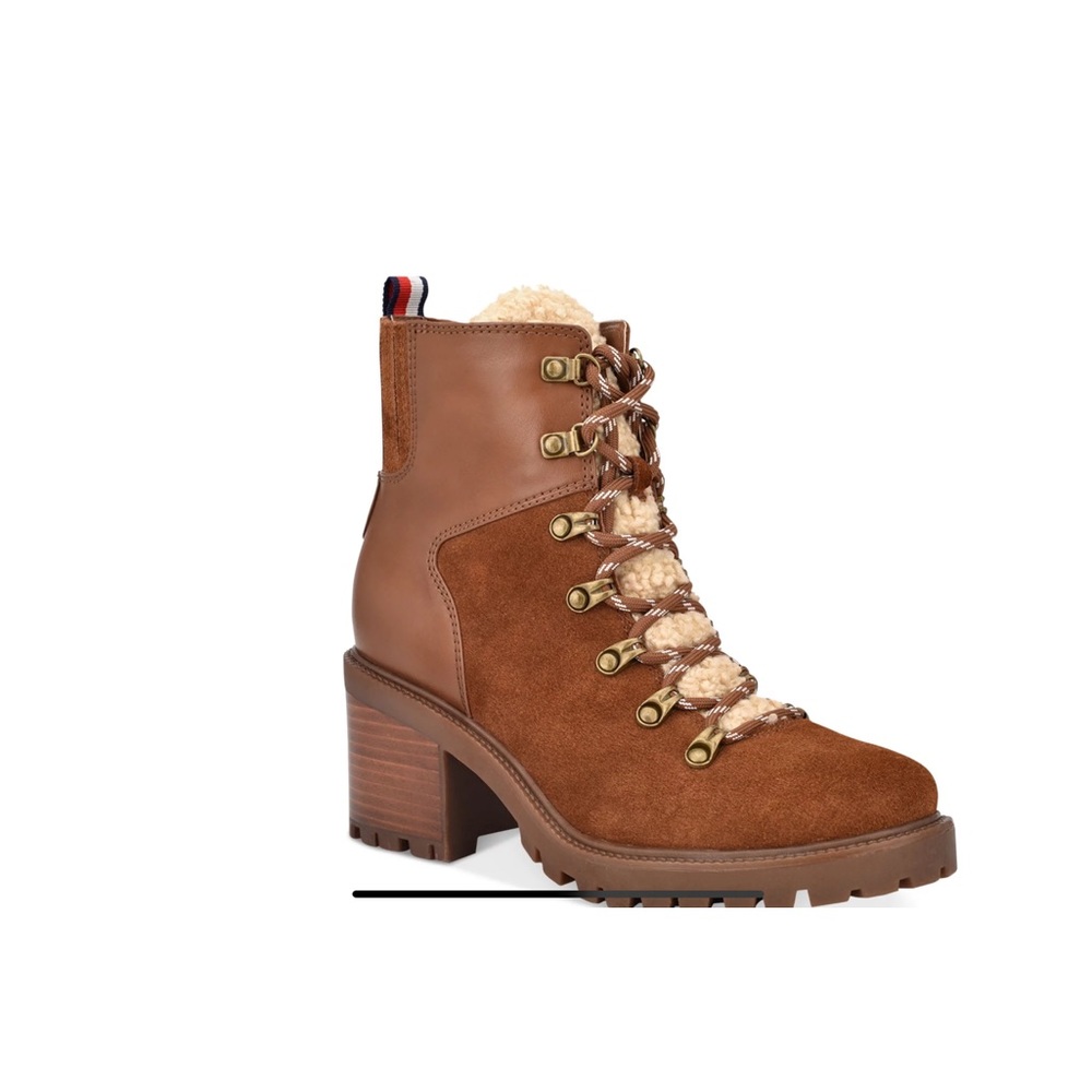 TOMMY HILFIGER Womens Brown .5" Platform Block Heel Lace-Up Booties